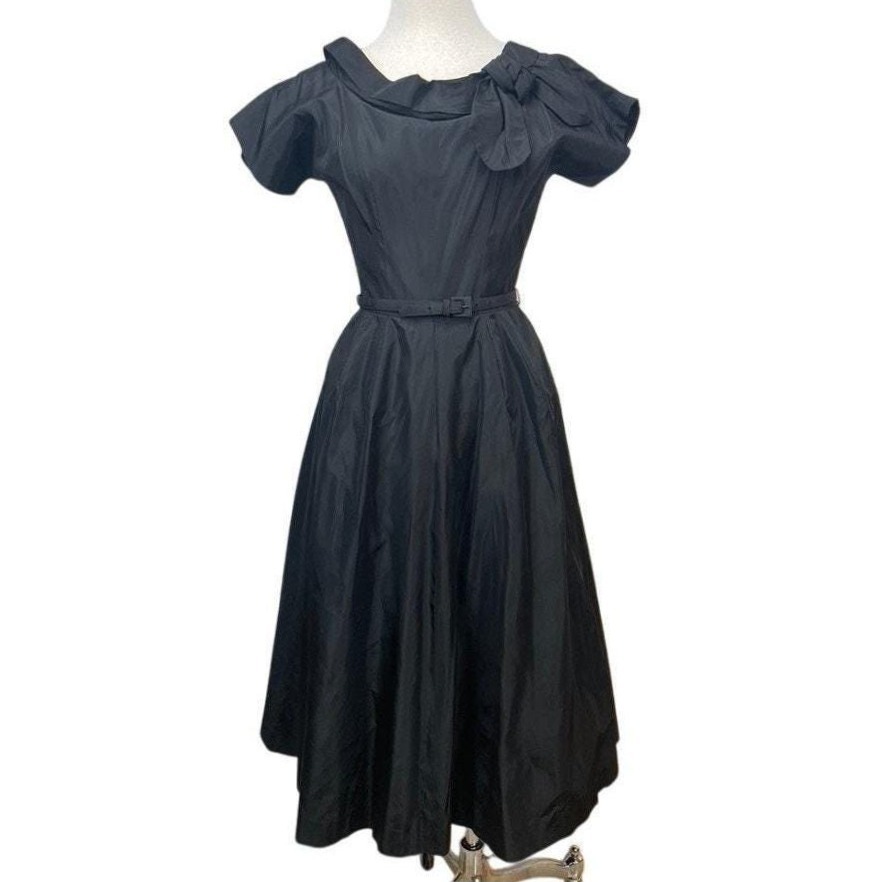 Vintage Rappi Womens (M) 50s Black Taffeta Belted Cocktail Dress Gown Goth Midi